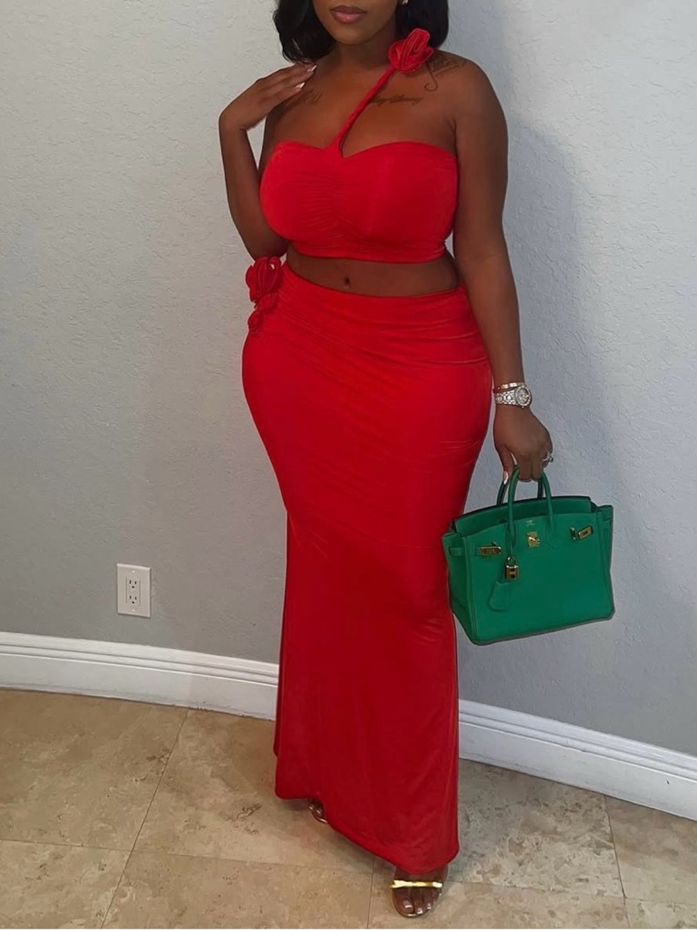 Red Two-Piece Maxi Skirt Set - Strapless Crop Top